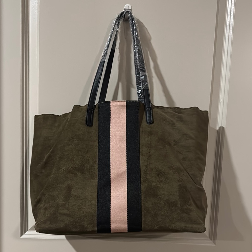 Olive Green Suede Tote Bag with Pink Stripe